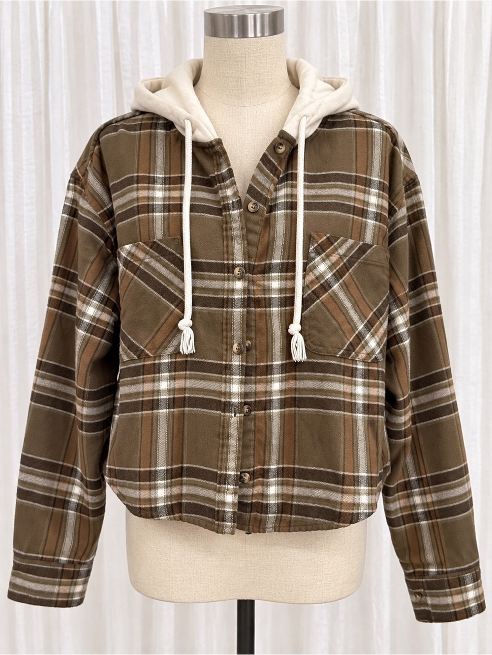 No Boundaries Brown Plaid Hooded Button-Up Shirt Jacket